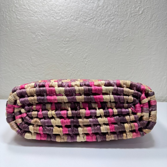 Boho Woven Straw Tote Handbag Wooden Handle Zip Top Summer Beach Resort Festival - Picture 5 of 13